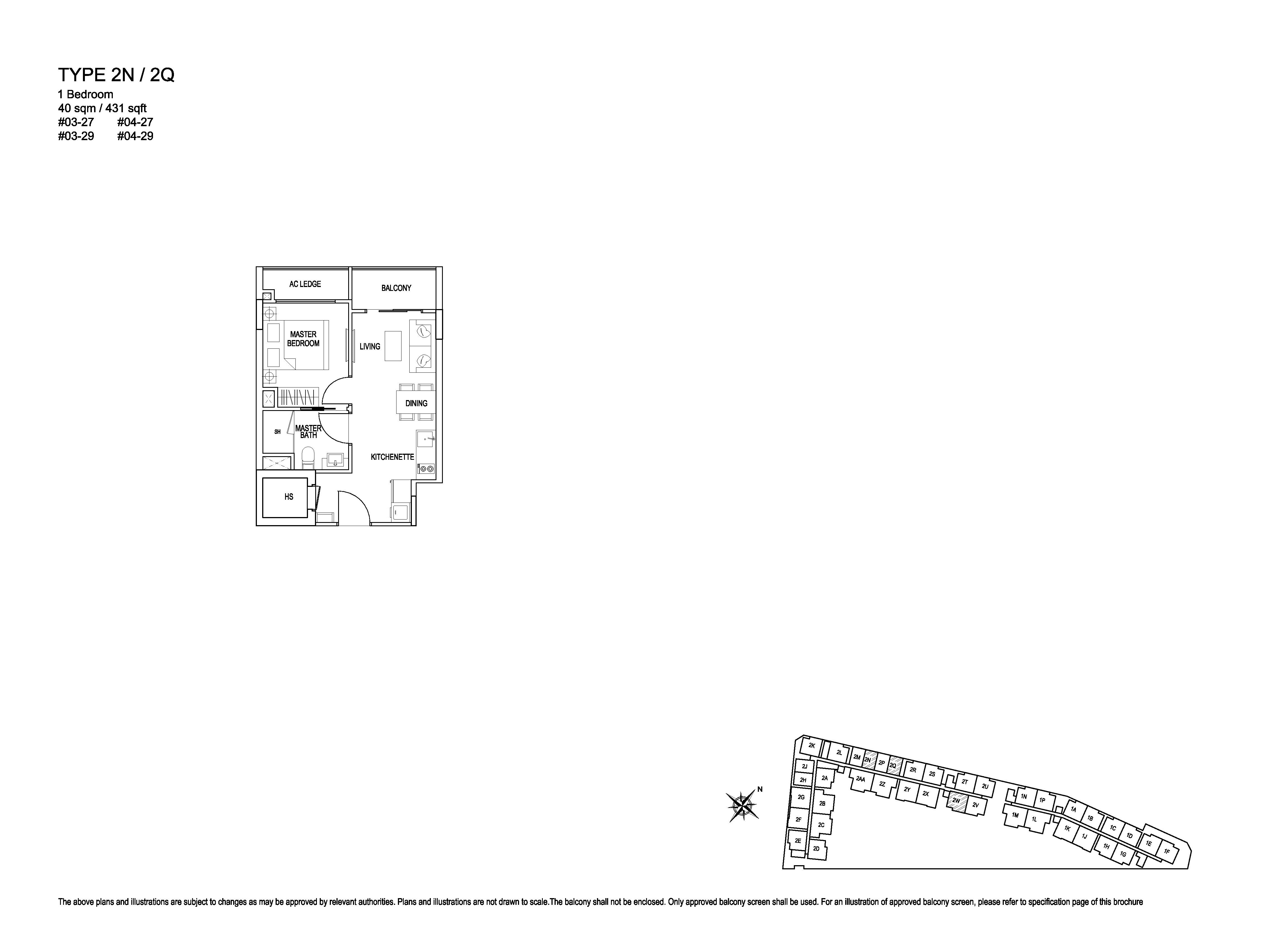 Kensington Square 1 Bedroom Floor Plans Type 2N/2Q