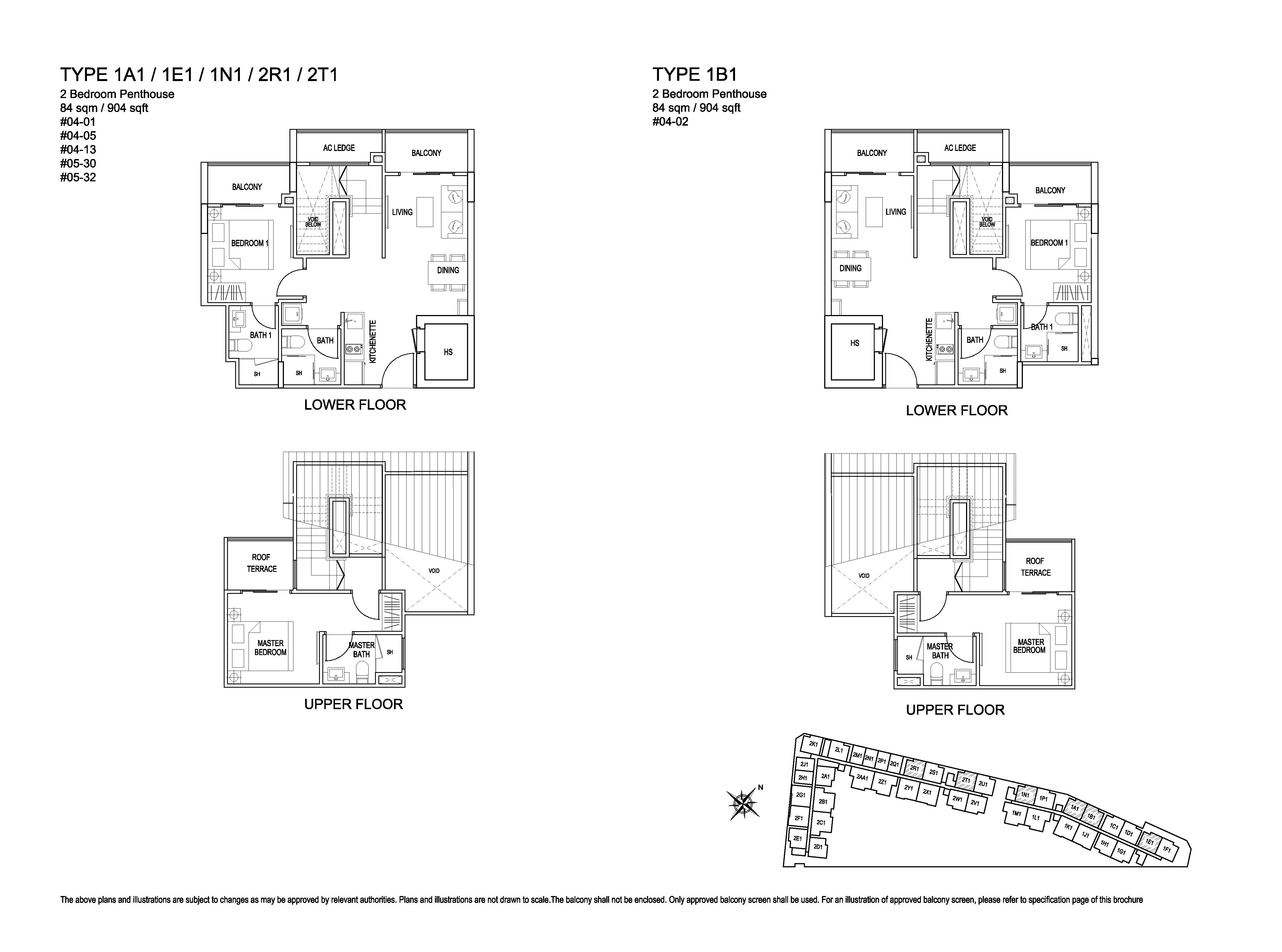 Kensington Square 2 Bedroom Penthouse Floor Plans Type 1A1, 1E1, 1N1, 2R1, 2T1, 1B1