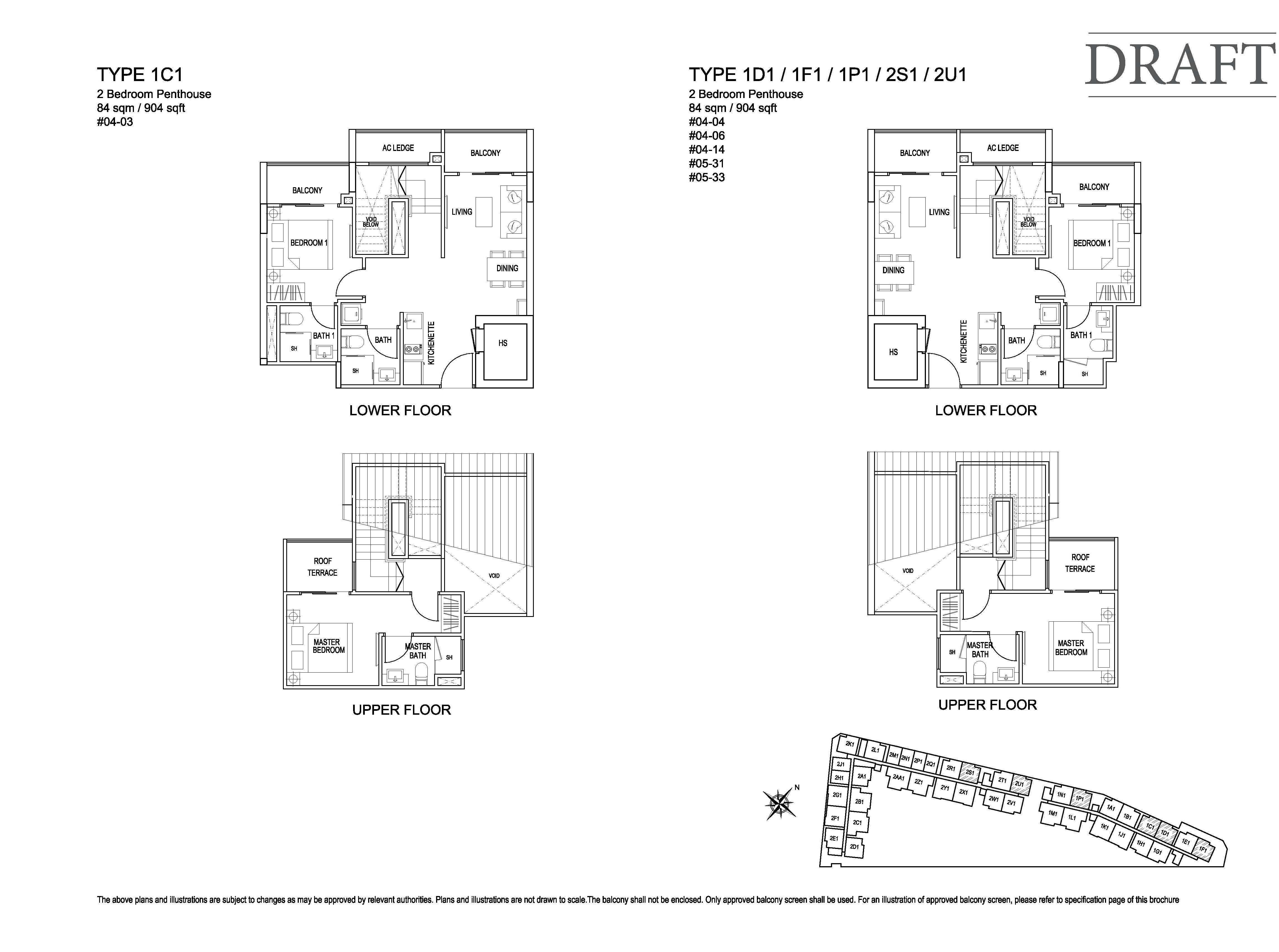Kensington Square 2 Bedroom Penthouse Floor Plans Type 1C1, 1D1, 1F1, 1P1, 2S1, 2U1