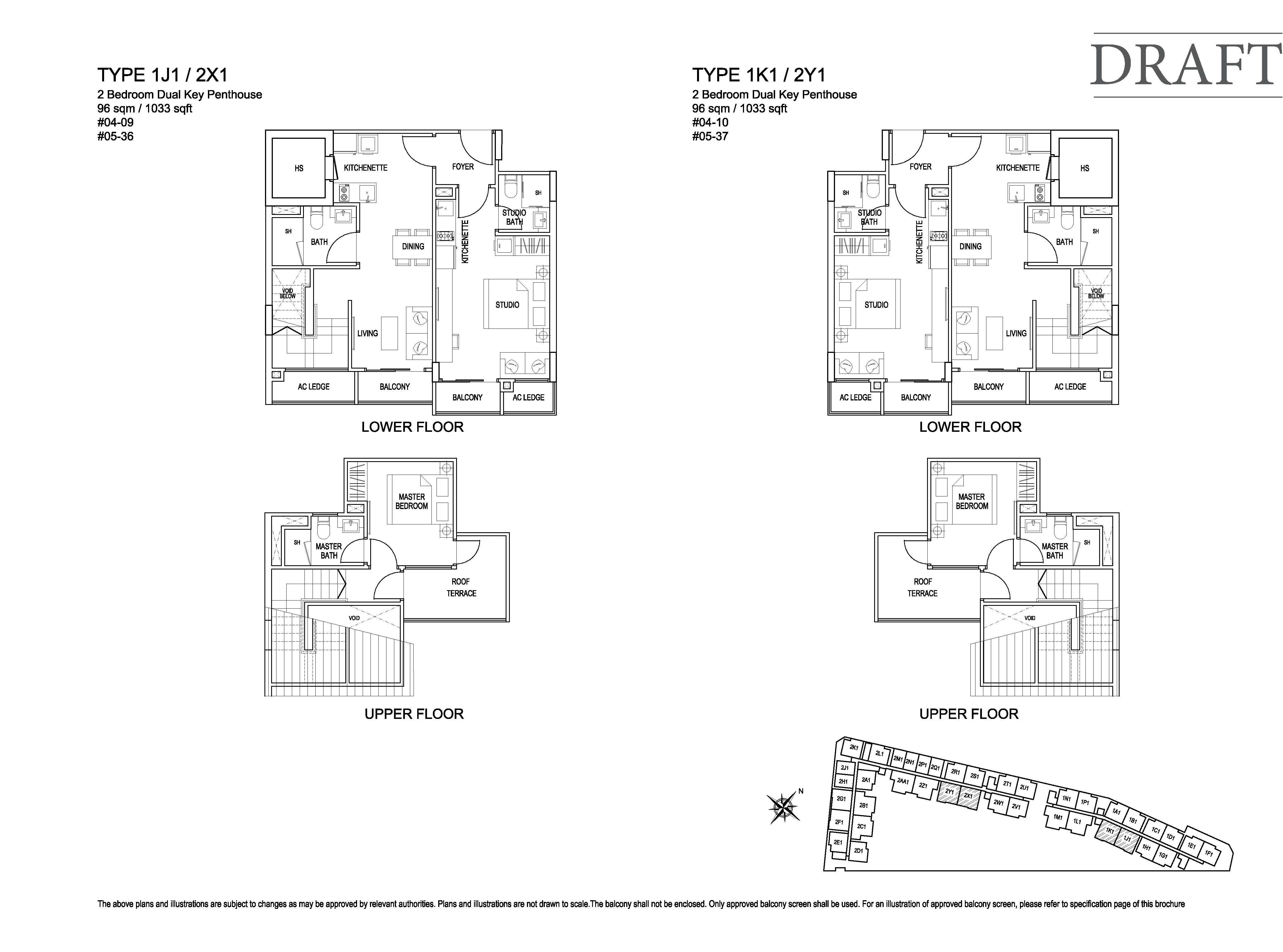 Kensington Square 2 Bedroom Dual Key Penthouse Floor Plans Type 1J1, 2X1, 1K1, 2Y1