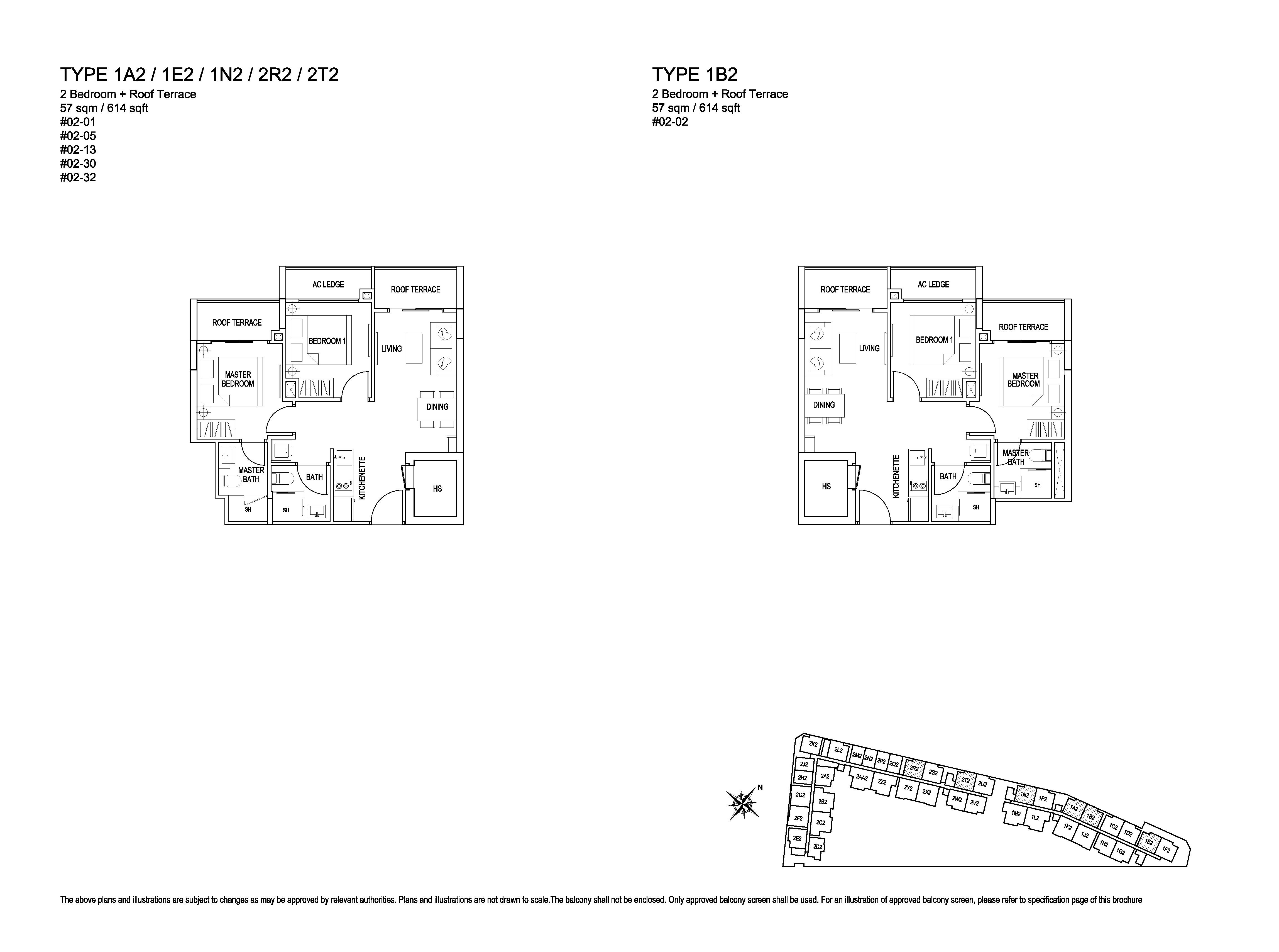 Kensington Square 2 Bedroom Floor Plans Type 1A2, 1E2, 1N2, 2R2, 2T2, 1B2