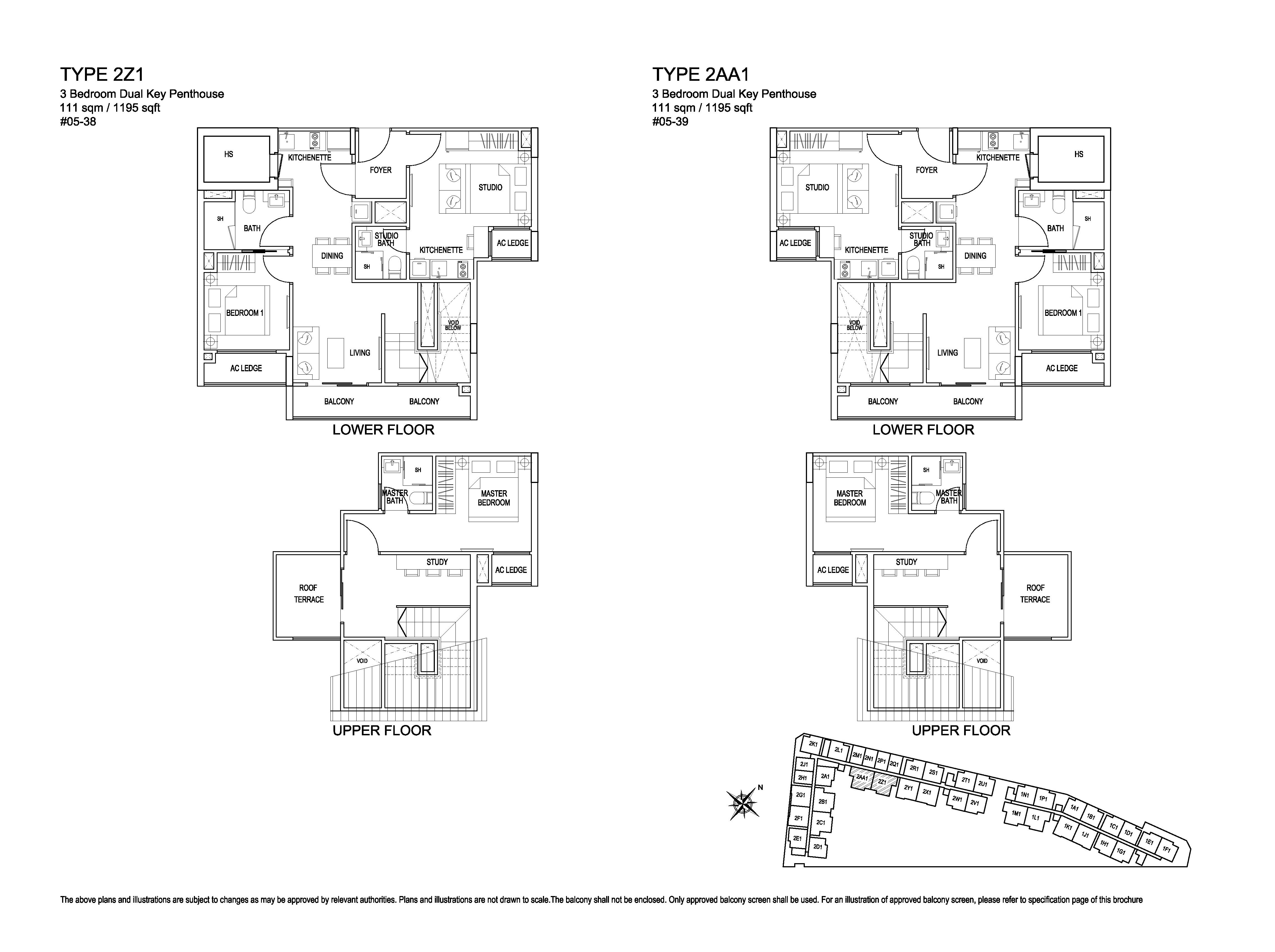 Kensington Square 3 Bedroom Dual Key Penthouse Floor Plans Type 2Z1, 2AA1